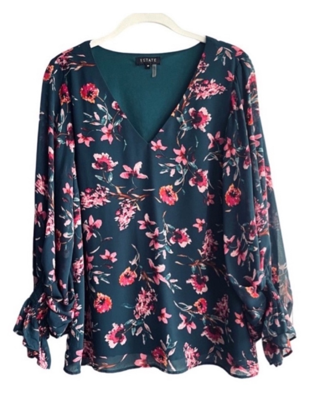 1. State Chiffon Floral Blouse V-neck Bracelet Sleeve Teal Green Pink Size M